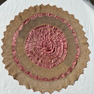 Antique Victorian Cotton and Pink Silk Ribbon Pink Crochet Doily 24” Round c1915